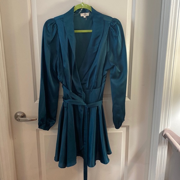 Teal Satin Wrap Dress - Picture 1 of 5